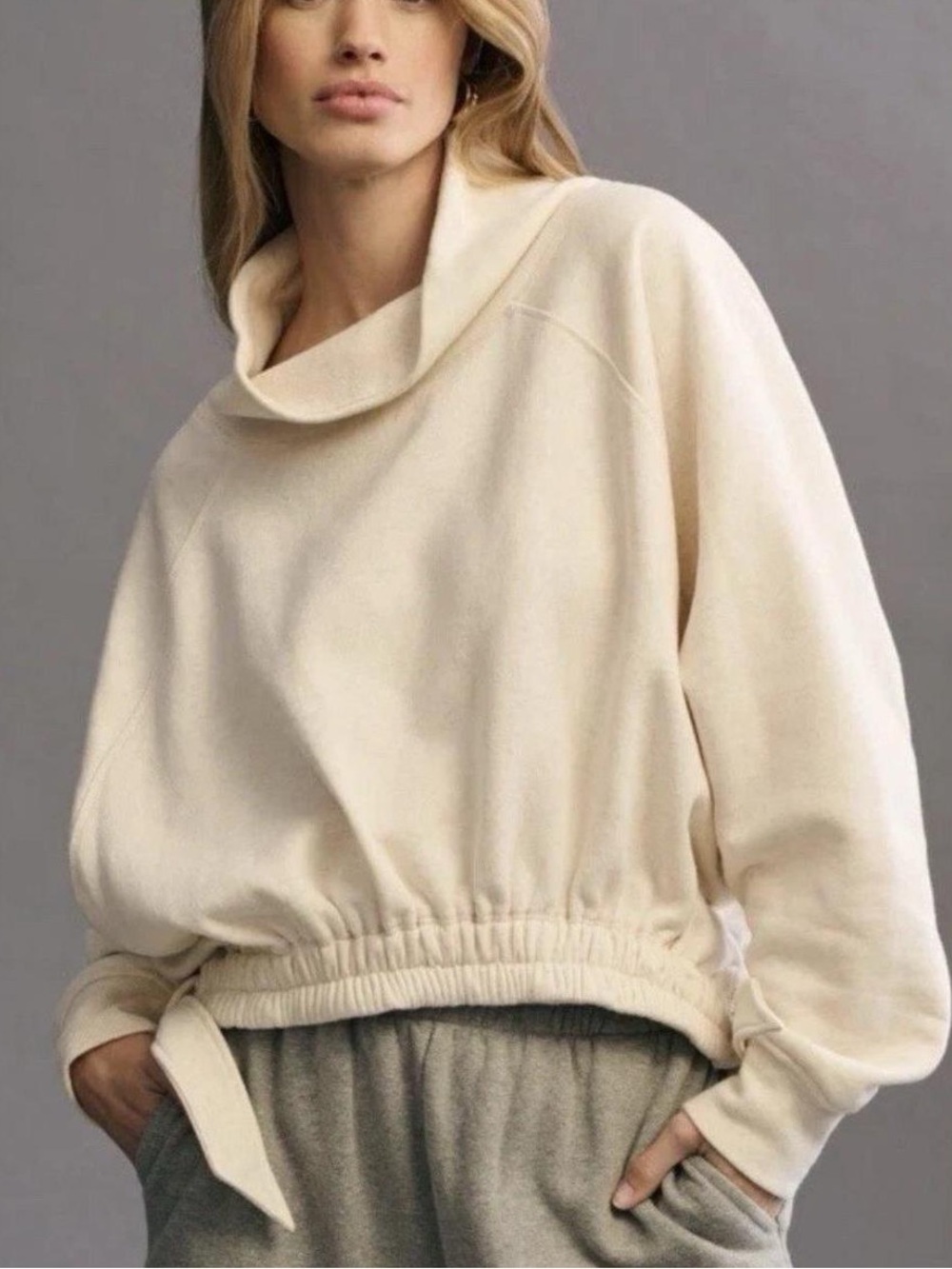 Anthropologie Daily Practice Cream Funnel Neck Cinched Hem Side Tie Sweater